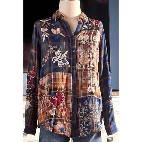 New With Tags Size Xs This Stunning Plaid Buttondown Shirt By Johnny Was Has Whimsical Embroidered Birds Flying Amongst Swirling Embroidered Flowers And Even Above An Intricately Embroidered Desert Scene. The Flannel Fabric Is A Mix Of Brown & Blue Plaids. The Material Is 100% Cotton. The Beautiful Shirt Is A Traditional Buttondown Style. The Birds Featured Are Cranes, & Mythical Phoenixes. *There Are Two Pulled Threads On The Back Shoulder Last Picture. Measurements Laying Flat: Length 26” Bust Vintage Relaxed Fit Flannel Shirt With Button Closure, Recycled Mens Shirt, Western Long Sleeve Flannel Shirt With Button Closure, Flannel Shirt Refashion, Patchwork Long Sleeve Flannel Shirt, Flannel Blouse, Vintage Blue Flannel Shirt With Button Closure, Eyelet Shirt, Chiffon Tops Blouses