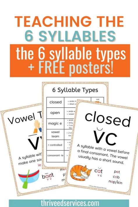 The 6 Types Of Syllables plus free syllables posters! Learn what a syllable is, how to count syllables, and the 6 different types of syllables. Knowing the syllabe rules and patterns helps increase reading and spelling skills, especially in struggling learners. Orton-Gillingham resource Types Of Syllables, English Spelling Rules, Syllable Rules, Syllables Activities, Improve Reading Skills, Syllable Types, Multisyllabic Words, Learning Phonics, Phonemic Awareness Activities