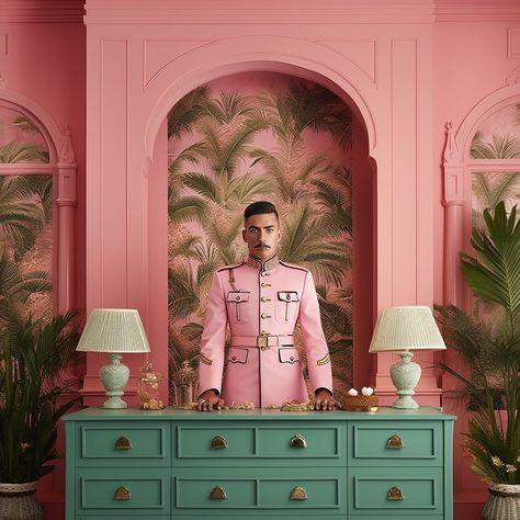 WES ANDERSON INSPIRED BOUTIQUE HOTEL🪷 🏨 🪷 ‘NORTH STAR’ , & ‘OMNISCIENCE’ available now at @Naiemart Via @reverse.orientalism | Instagram Wes Anderson Film Stills, Wes Anderson Set Design, Wes Anderson Bathroom, Wes Anderson Restaurant, Wes Anderson Aesthetic Decor, Wes Anderson Photoshoot, Wes Anderson Hotel, Reverse Orientalism, Wes Anderson Decor