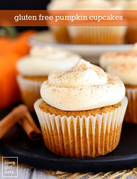 Gluten Free Pumpkin Cupcakes with Cream Cheese Frosting - Iowa Girl Eats Gluten Free Pumpkin Cupcakes, Pumpkin Pie Spice Recipe, Gluten Free Pumpkin Pie, Cupcakes With Cream Cheese Frosting, Iowa Girl Eats, Cheese Pumpkin, Fall Cooking, Spice Cupcakes, Pumpkin Pie Filling