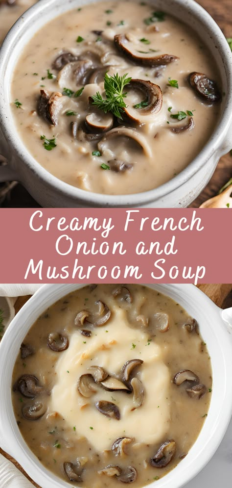 Creamy French Onion and Mushroom Soup Recipe | Cheff Recipes Mushroom And Onion Soup Recipes, Small Batch Mushroom Soup, Creamy French Onion Mushroom Soup, Nyt French Onion Soup, French Onion Mushrooms, Mellow Mushroom Mushroom Soup, German Onion Soup, Mushroom Bisque Soup Recipes, Light Mushroom Soup