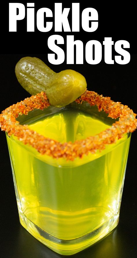 A square shot glass filled with a neon green pickle shot. The rim is coated in Tajin chili powder and a baby dill pickle rests on the rim as a garnish. Tajin Jello Shots, Pickle Shots Recipe, Pickle Shots, Pickle Juice Shots, Alcohol Shot, Dill Pickle Juice, Unique Shots, Jordan 21, Fun Drink Recipe