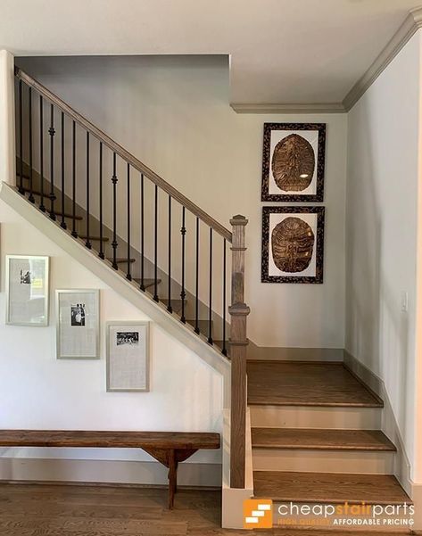 Landing At Bottom Of Stairs, Banister And Railing Ideas, Wooden Stairs Ideas, Stair Rail Ideas, Banister Ideas, Railing Makeover, Stair Railing Ideas, Farmhouse Stairs, Stair Banister