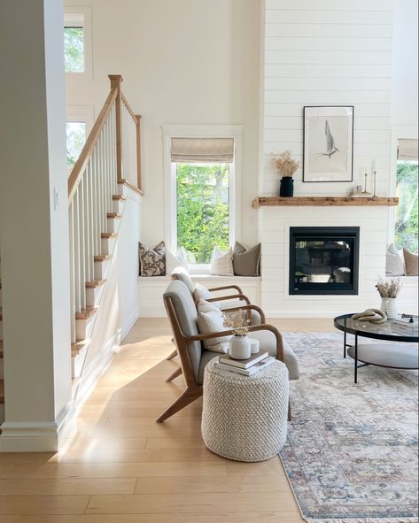 Small livingroom | minimal livingroom decor | shiplap fireplace | window benches by fireplace | windows beside fireplace | white livingroom ideas | transitional home decor 2022 | home decor group board | easy home decor ideas | relaxing livingroom design Window Seat Fireplace Built Ins, Fireplace With Built In Benches On Both Sides, Window Seat Beside Fireplace, Built In Benches By Fireplace, Gas Fireplace Between Windows, Gas Fireplace With Windows On Each Side, Fireplace Wall With Windows, Fireplace Next To Window, Fireplace With Windows On Both Sides