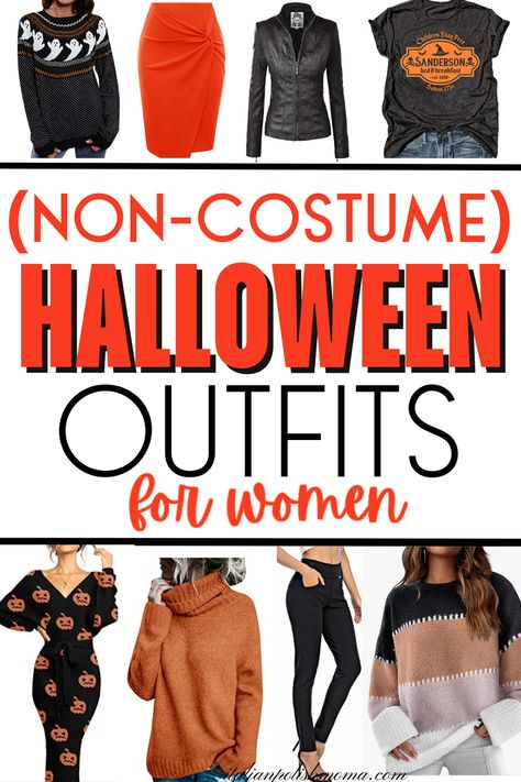 Halloween outfit ideas for women that are non costume and cute to wear Coolest Outfits Women, Halloween Costume Ideas Women For Work, Cute Halloween Outfits For Women Casual, Work Halloween Outfits Women, Classy Halloween Outfit, Festive Halloween Outfits, Corporate Halloween Outfit, Comfy Halloween Outfits, Halloween Dinner Outfit