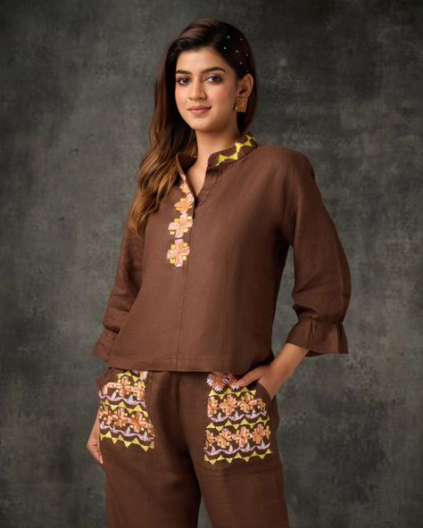 Embrace your individuality with our brown coord set, featuring unique detailing on the neck and pockets. Stand out in style ✨ Fabric - Pure Linen Embroidery - Hand Embroidered in Phulkari [Coord set, women, pure Linen, Phulkari Forever, Insta viral] #instaphoto #purelinen #coordset #womenfashion #premiumclothing Coord Set Women, Linen Embroidery, Coord Set, Embroidery Hand, Comfort Wear, Set Women, Pure Linen, Designer Wear, Indian Fashion