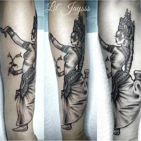 Apsara tattoo by Lil'Jaysss Cambodian dancer Cambodian Apsara Tattoo, Thai Dancer Tattoo, Apsara Tattoo Khmer, Cambodian Tattoo For Women, Khmer Tattoo Cambodia, Apsara Tattoo, Cambodian Tattoo, General Tattoo, Dancer Tattoo