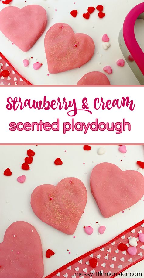 Strawberry Playdough Recipe, Valentines Messy Play, Valentines Day Playdough, Valentines Playdough, Scented Playdough Recipe, Dayhome Ideas, Edible Play Dough Recipe, Rainbow Playdough, Bridge Kids