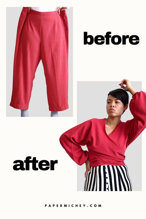 Ever wondered how to turn a pants into a top?! Probably not, but now that you’re thinking about it, I’ll show you how to recycle an oversized pair into a trendy summer wrap top. #alteration #recycledfashion #thriftflip #upcycleoldclothes #diystyle #sewingideas Turning Pants Into A Top, How To Turn Pants Into A Top, Upcycle Pants To Top, Pants Refashion, Wrap Top Diy, Upcycle Pants, Crop Wrap Top, Clothes Upcycling, Diy Pants