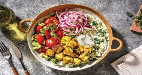 Rice Bowl Recipe, Cherry Tomato Salad, Paneer Cheese, Garlic Rice, Tomato Rice, Hello Fresh Recipes, Rice Bowls Recipes, Yummy Comfort Food, Pickled Onions