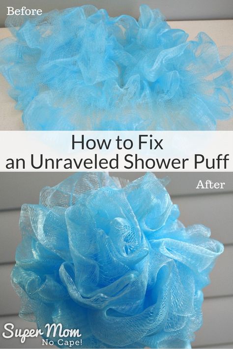 Got an unraveled shower puff? Follow the quick, easy steps in this tutorial for how to fix an unraveled shower puff to have it looking like new again. #showerpuff #bathpuff Sewing Classes For Beginners, Diy Infinity Scarf, Infinity Scarf Tutorial, Shower Puff, Sewing Business, Beginner Sewing Projects Easy, Sewing Stitches, Leftover Fabric, Sewing Class