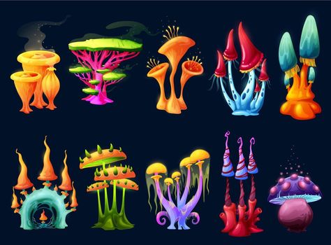 Mushroom Alien, Alien Forest, Alien Plants, Cartoon Mushroom, Mushroom Drawing, Forest Plants, Fantasy Magic, Plant Drawing, Game Concept Art