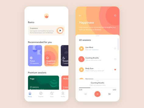 Meditation App by Alex Volk   #dribbble #design #mobiledesign #appdesign #productdesign การออกแบบ Ui Ux, Mindfulness App, Dribbble Design, Meditation App, Web Design Mobile, Meditation Apps, 카드 디자인, App Design Inspiration, Mobile App Ui