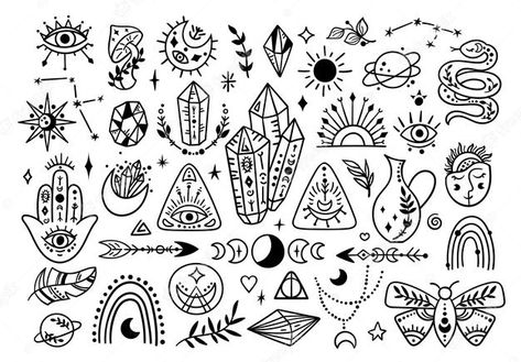 Witch Simbolos, Mystical Drawing Ideas, Boho Symbols, Line Clipart, Stick Poke Tattoo, Mystical Symbols, Moon Butterfly, Witch Drawing, Tattoo Filler