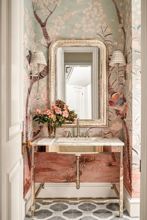 tudor-revival-powder-room Elegant Powder Room, Small Powder Room, Powder Bathroom, Powder Room Decor, Bathroom Powder Room, Powder Room Ideas, Guest Toilet, Office Renovation, Powder Room Design