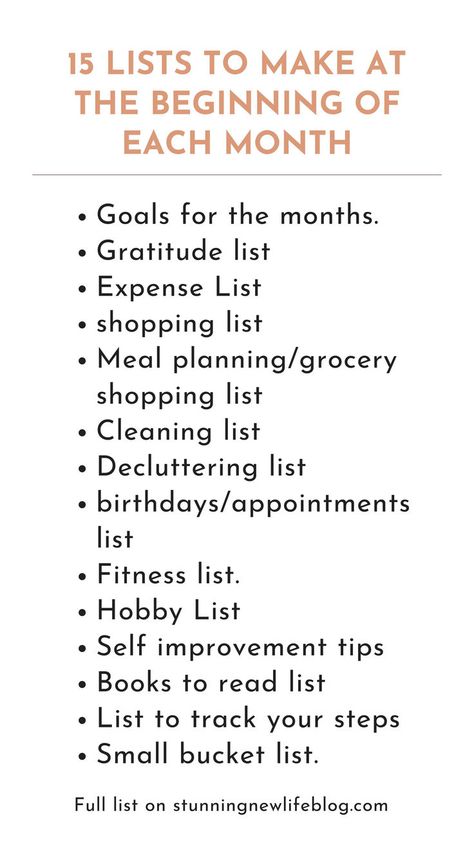 15 Lists To make at the beginning of the month | Writing lists | Time management | Organization planning | Life management | Planner tips | Organizing time | Getting things done | How to be more organized | Monthly organizing list | Organize your life by creating these 15 lists at the start of the month. #organization #liststowrite #liststomake #mothly #list What To Put In Your Planner, Planner Organization Ideas Layout Free Printables, How To Organize Planner, How To Plan Your Month, How To Make A Planner, Lists To Make To Organize Your Life, How To Organize Your Life, Reset Ritual, Lists Of Lists