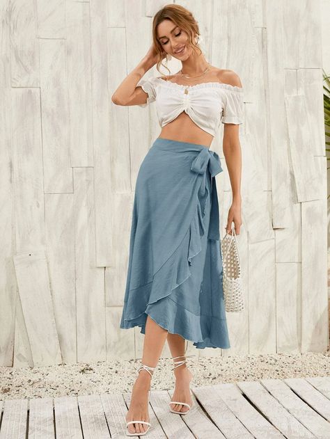 Wrap Skirt Outfit Summer, Wrap Skirt Outfit, Midi Outfits, Knot Skirt, Skirt Outfit Summer, Sarong Skirt, Midi Wrap Skirt, Solid Skirt, Women Bottoms