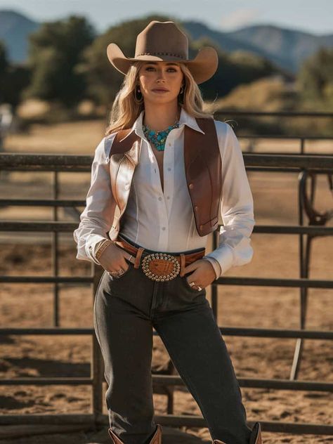 Old Western Women Outfits, Western Theme Womens Outfit, Cowboy Woman Outfits, Woman Country Outfits, Western Horse Riding Outfit, Cowboy Look For Women, Cowboy Fashion Womens, Western Chic Aesthetic, Cowboys Outfits For Women