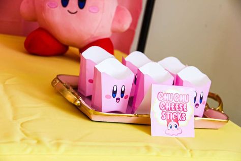 Morgan's Kirby Birthday Party | CatchMyParty.com Kirby Party Favors, Kirby Birthday Party Decorations, Kirby Birthday Party Ideas For Boys, Kirby Party Ideas, Kirby Birthday Party Ideas, Kirby Party Decorations, Kirby Party, Kirby Birthday Party, Diy Cake Pops