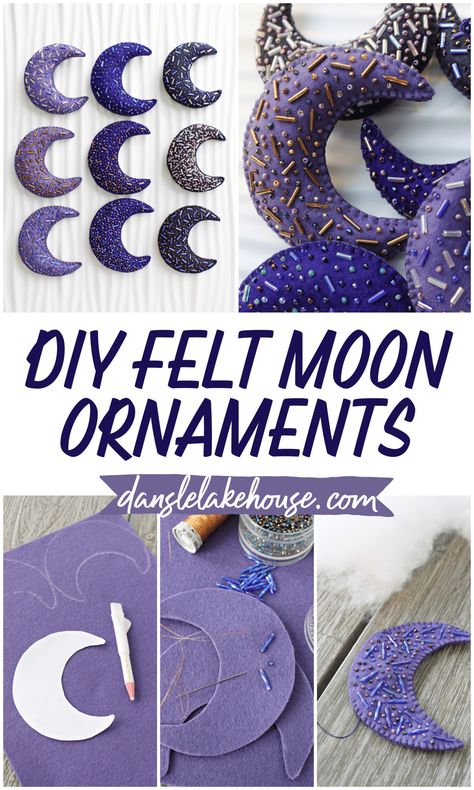 Heirloom Ornaments Diy, Diy Heirloom Christmas Ornaments, Moon Christmas Ornament, Embroidery Felt Ideas, Christmas Tree Felt Ornaments, Handmade Christmas Ornaments Unique, Unique Sewing Ideas, Felt Ornaments Patterns Templates, Felt Crafts Patterns Templates