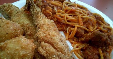 As African Americans left the South, this controversial coupling migrated to parts of the U.S. Fish And Spaghetti, Fundraiser Food, Okra And Tomatoes, End Of Story, Oxford Ms, Spaghetti Dinner, Food Fish, Shrimp And Grits, Southern Cuisine