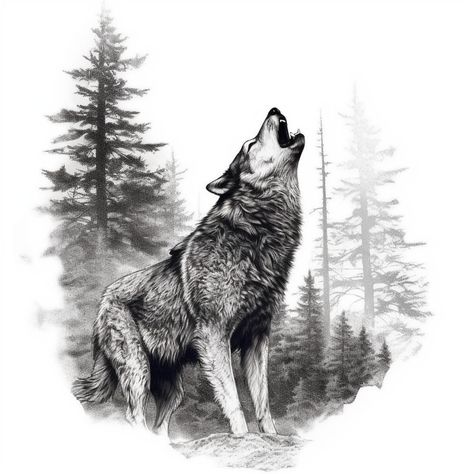 Wolf And Tree Tattoo, Wolf Forest Tattoo, Wolf Drawing Tattoo, Wolves Tattoo, Howling Wolf Tattoo, Wolf Sleeve, Wolf Forest, Tre Kunst, Hunting Tattoos