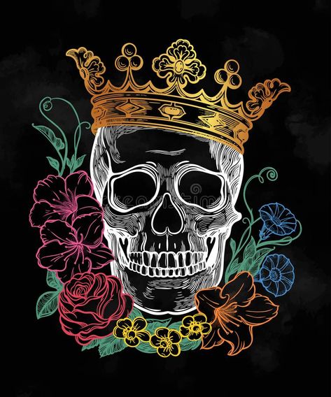 Sugar Skull Drawing, Black Flowers Wallpaper, Crown Painting, Skull With Crown, Background Tattoo, Skull Crown, Tattoo Vintage, Crown Drawing, Vintage Background