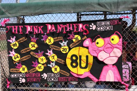 Pink Panthers. Softball banner for my kids team. Pink Out Softball Ideas, Softball Team Banner Ideas, Team Banner Ideas, Softball Banner Ideas, Parade Banner, Soccer Ideas, Sports Banners, Softball Team Banners, Softball Banner