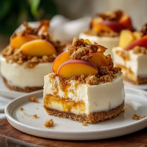 Mini Peach Cobbler Cheesecakes: Sweet & Creamy Dessert Bites Peaches And Cream Cheesecake, Peach Topping, Cheesecake Deserts, Mini Peach Cobbler, Cinnamon Cheesecake, Peach Cheesecake, Cheesecake Recipes Classic, Cream Cheesecake, Dessert Bites