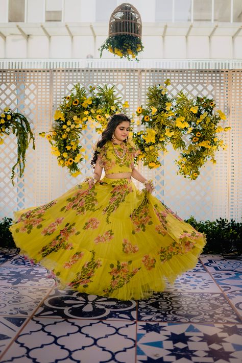 Haldi Dress For Kids, Haldi Poses, Saree Function, Lehenga Style Saree, Half Saree Function, Kids Party Wear Dresses, Mother Daughter Dresses Matching, Long Frock Designs, Girls Designer Dresses