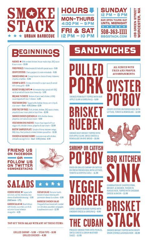 A gorgeous menu design for Smokestack, an urban barbecue restaurant in Worcester, Massachuetts - http://www.bbqstack.com/ Bbq Restaurant Menu Design, American Bbq Restaurant, American Menu Design, Bbq Menu Design, Menu Typography, Modern Menu Design, American Barbecue, Menu Sans Gluten, Menu Design Inspiration