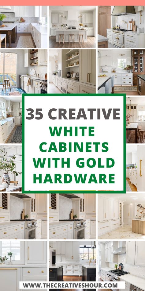 Elevate your living spaces with the timeless elegance of white cabinets paired with stunning gold hardware. Whether it's your dream kitchen with black countertops, a luxurious bathroom, or stylish open shelving, the combination of white cabinets and gold accents creates an aura of sophistication. Explore various options, from the classic white kitchen cabinets with gold hardware to the chic appeal of white shaker cabinets or the seamless integration in your bathroom design." White Cabinet With Gold Hardware, White Cabinets With Gold Handles, White Shaker Kitchen With Gold Hardware, White Kitchen Cabinets With Gold Accents, White Kitchens With Gold Accents, White Kitchens Gold Hardware, Kitchen With White Cabinets And Gold Hardware, Gold Hardware Kitchen White Cabinets, Gold Hardware On White Cabinets