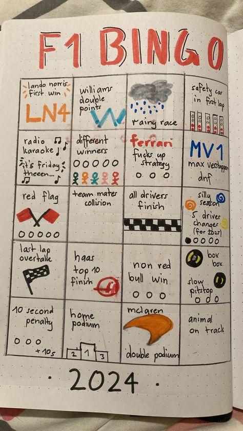 formula 1 bingo 2024 :) F1 2025 Calendar, F1 Journal Ideas, F1 Bingo, F1 Book, F1 Journal, Camping Bingo, Bingo Books, Road Trip Bingo, Free Printable Bingo Cards