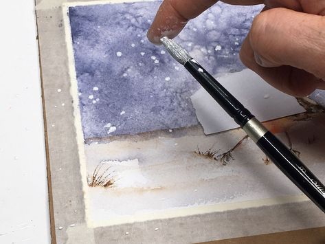 How To Splatter Watercolor Paint, How To Paint Snow Watercolor, Winter Watercolor Tutorials, Christmas Watercolors, Best Watercolor Brushes, White Gouache, Watercolor Splatter, Art Demo, Gouache Paint