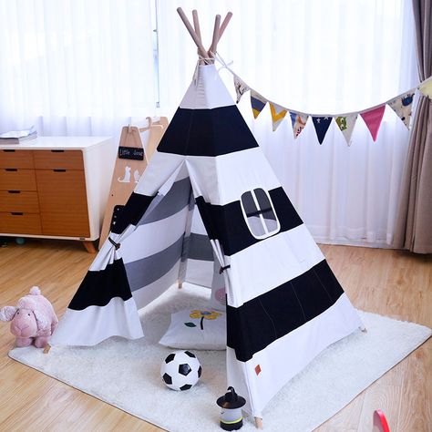 2017 New Black And White Stripe Style Kids Teepee Tent Toy Tent Indian Cotton Canvas Teepee Baby Games Toys Tent Teepee Outdoor, Canvas Teepee, Tent For Kids, Teepee Play Tent, Kids Teepee, Tipi Tent, Kids Teepee Tent, Kids Play Tent, Canvas Tent