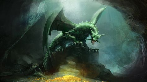 Green Dragon by Unknown artist Poison Wallpaper, Dragons Artwork, Lizard Cage, Dragon Treasure, Dragon Lair, Green Dragons, Emerald Dragon, Dragon Anatomy, Dragon Cave