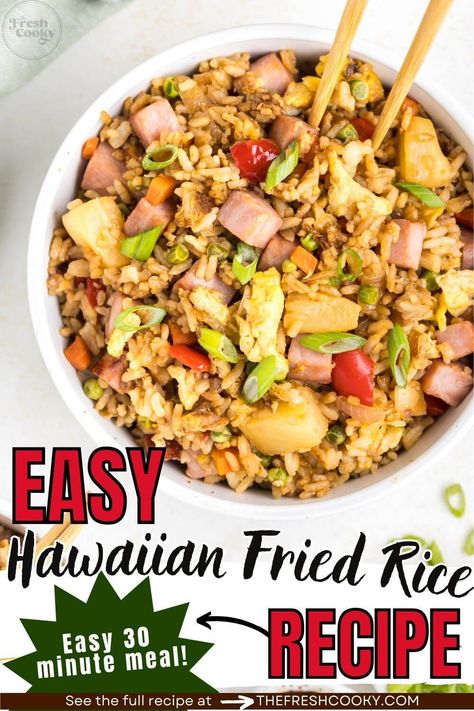 One skillet, 30 minutes to this easy Hawaiian fried rice! A great use for leftover ham, this pineapple and ham fried rice is a family favorite. Get the tips via @tehfreshcooky #leftoverham #Hawaiianfriedrice Ham Pineapple Fried Rice, Hawaiian Spam Fried Rice, Hawaiian Fried Rice Recipe, Easter Leftover Recipes, Cooked Rice Recipes, Hawaiian Fried Rice, Ham And Pineapple, Ham Fried Rice, Side Dishes For Ham