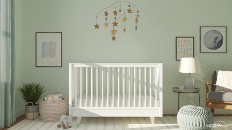 Seafoam Nursery, Minimalist Nursery Ideas, Nursery Design Ideas, Cream Table Lamps, Mint Walls, White Crib, Minimalist Nursery, Emily And Meritt, Baby Boy Room Nursery