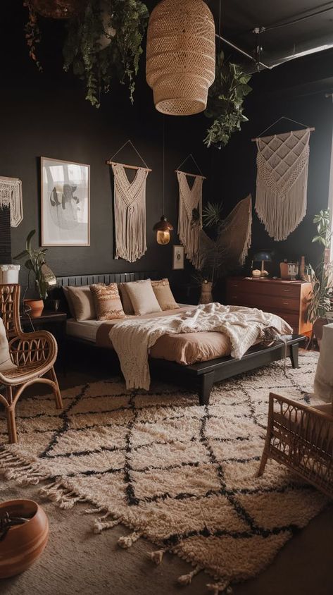 40+ Dark Boho Bedroom Ideas That Feel Alive Moody Boho Interior Design, Gothic Boho Interior Design, Black Boho Interior, Cozy Dark Boho Bedroom, Goth Boho Aesthetic, Black And Rust Bedroom Boho, Brown And Black Room Aesthetic, Dark Cozy Room Aesthetic, Boho Bedroom Ideas For Couples