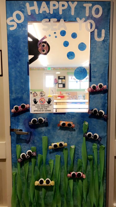 Scuba Diver Classroom Door, Ocean School Decorations, Under The Sea Teacher Door, Classroom Door Beach Theme, Underwater Classroom Theme Under The Sea, Beach Day Decorations School, Jellyfish Door Decoration, Jellyfish Classroom Decor, Fish Door Decorations Classroom