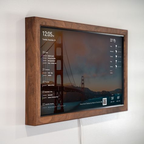 "**PRE-ORDERS FOR TOUCH SCREEN VARIANT** **these are scheduled to ship by the end of December 2023 **product will look very similar and retain the same style, but may be slightly different than pictures provided.  Customizable Touch Screen Smart Display with Wood Frame Fully customizable smart display for your home, office, or meeting room! The preloaded software (see below) allows you to display photos, calendar(s), news, weather, and so much more! Frame The frame is constructed using solid hardwood, mitered at the corners and designed very specifically to fit snugly around the included display. The chamfered edges offer a subtle, yet modern touch. The choices for the wood are: Walnut, Oak, & Maple. Finished with a natural wax and mineral oil to bring out the natural color and warmth of t Power Wall, Digital Display Wall, Digital Screen Wall, Smart Display, Tech Decor, Smart Home Hub, Office Display, Digital Frame Display Ideas, Digital Display