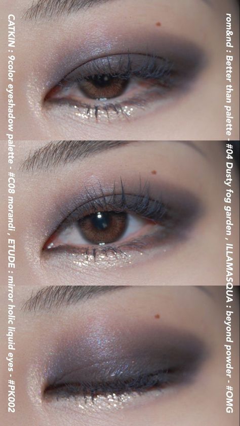 Grey Purple Makeup, Grey Eyeshadow Aesthetic, Grey And Purple Eyeshadow, Grey And Purple Makeup, Makeup Grey Eyes, Asian Smokey Eye Makeup, Eli Makeup, Black Eyeshadow Eyeliner, Black Grey Nails