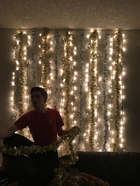 Curtain Christmas Lights, Christmas Curtain Lights, Christmas Lights Curtain Rod, Christmas Curtain String Lights, No Drill Hanging Christmas Lights In Bedroom, Christmas Tinsel, Tinsel Garland, Decorating With Christmas Lights, Christmas Room