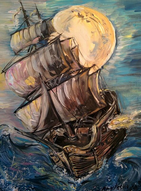 A ship, acrylic painting on canvas Pirate Painting Canvas, Ship Paintings Acrylic, Pirate Acrylic Painting, Pirate Ship Painting Acrylic, Ship Painting Acrylic, Nautical Painting Ideas, Pirate Painting, Pirate Ship Painting, Imaginative Art