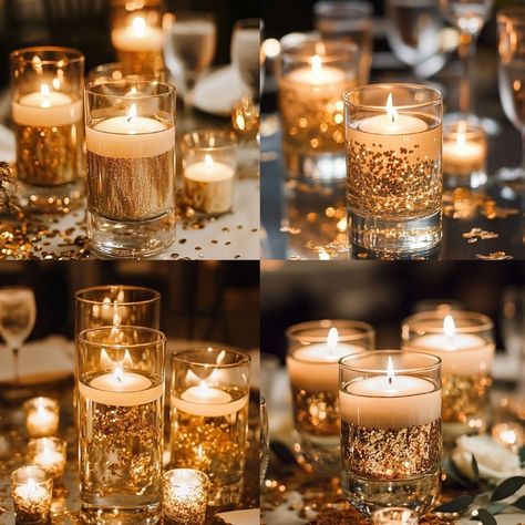 Elegant Floating Candle Wedding Centerpieces: Ideas & Tips to Wow Guests - Yeah Weddings Mix Of Floating And Pillar Candles, Floral And Candle Centerpiece Wedding Round Table, Floating Candle Wedding Centerpieces, Votive Candle Centerpieces Wedding, Floating Candle Wedding Decor, Floating Candles Wedding Centerpieces, Gold Floating Candles, Wedding Centerpieces Ideas, Jazz Wedding