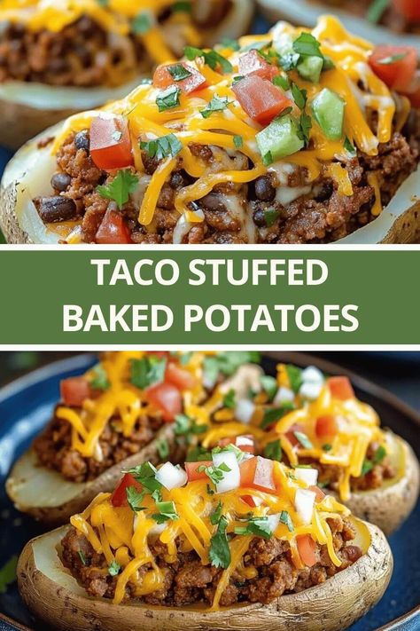 Taco Stuffed Baked Potatoes Taco Stuffed Potato Recipes, Loaded Baked Potato With Taco Meat, Taco Potatoes Bake, Chicken Fajita Baked Potato, Best Stuffed Potatoes, Healthy Taco Stuffed Tomatoes, Hamburger Baked Potato, Baked Potato Main Dish, Mexican Stuffed Potatoes