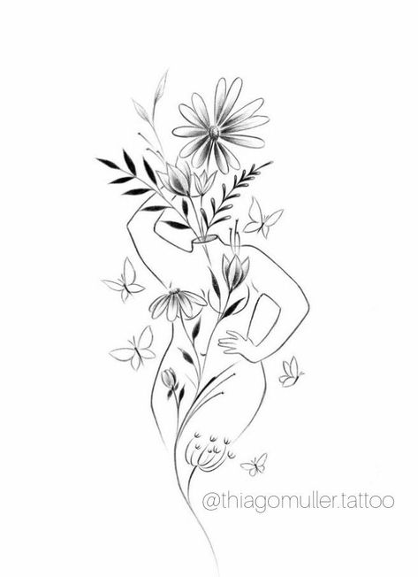 Lady With Flowers Tattoo, Line Art Tattoos Woman Self Love, Floral Lady Tattoo, Woman And Flower Tattoo, Tattoos For Women Self Love, Flowers Growing Out Of Head Tattoo, Arm Tattoos For Women Simple, Woman With Flowers Tattoo, Floral Woman Tattoo