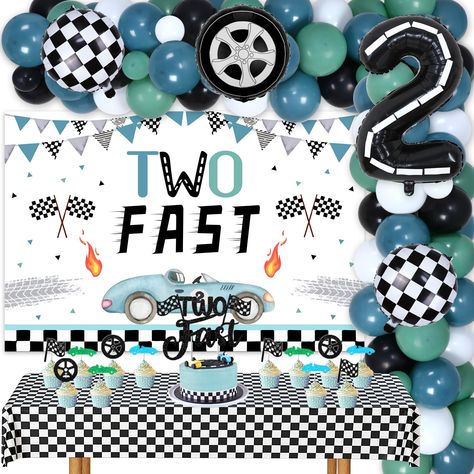 PRICES MAY VARY. Two Fast Birthday Party Decorations for Boys: This package includes 54 latex balloons 12 inches, 20 latex balloons 5 inches, 1 number “2” foil balloon 40 inches, 1 checkered and 2 tire shaped foil balloons 18 inches, 1 backdrop, 1 cake topper, 12 cupcake toppers, and 1 tablecloth, which can decorate boy’s birthday party well. Wide Applications: Perfect for boy’s racing car theme 2nd birthday, two fast birthday party, race car themed party, let’s go racing party, two fast two cur 2 Fast 2 Curious Birthday Balloon Arch, Two Fast Birthday Backdrop, 2 Fast Birthday Party Balloons, 2 Fast Birthday Party Blue, Growing Up 2 Fast Birthday Invitation, Checkered Backdrop, 2nd Birthday Decorations, Two Fast Birthday, Racing Party