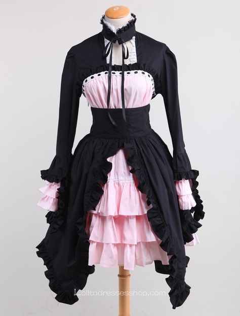 Black and Pink Splicing Bow Stand Collar Gothic Lolita Dress Pink Goth, Lolita Outfits, Goth Dress, Maid Dress, Gothic Dress, Japanese Street Fashion, Sweet Lolita, Gothic Outfits, Goth Outfits