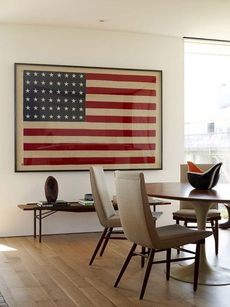 Framed American Flag, American Flag Art, Entertaining House, Coastal Dining, American Flag Decor, Flag Hanging, Flag Display, Framed Flag, Contemporary Dining Room